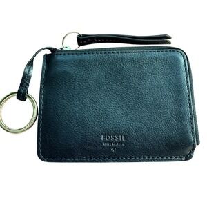 Fossil Black Leather Zip Card Case Wallet with ID Window and Key Ring